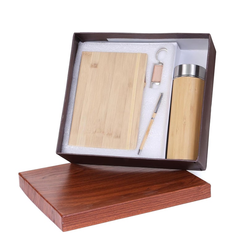 Scribelle طقم هدايا متميز 4 في 1 مع دفتر A5 208 صفحة، قلم خشبي، سلسلة مفاتيح وزجاجة معدنية من الخيزران – متين، صديق للبيئة وأنيق - Image 2