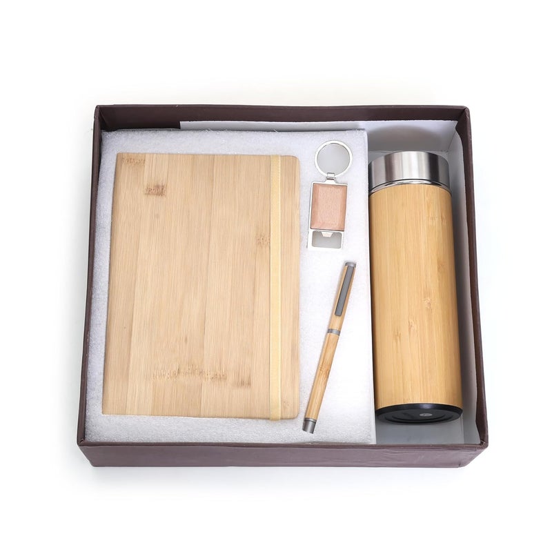 Scribelle طقم هدايا متميز 4 في 1 مع دفتر A5 208 صفحة، قلم خشبي، سلسلة مفاتيح وزجاجة معدنية من الخيزران – متين، صديق للبيئة وأنيق - Image 1