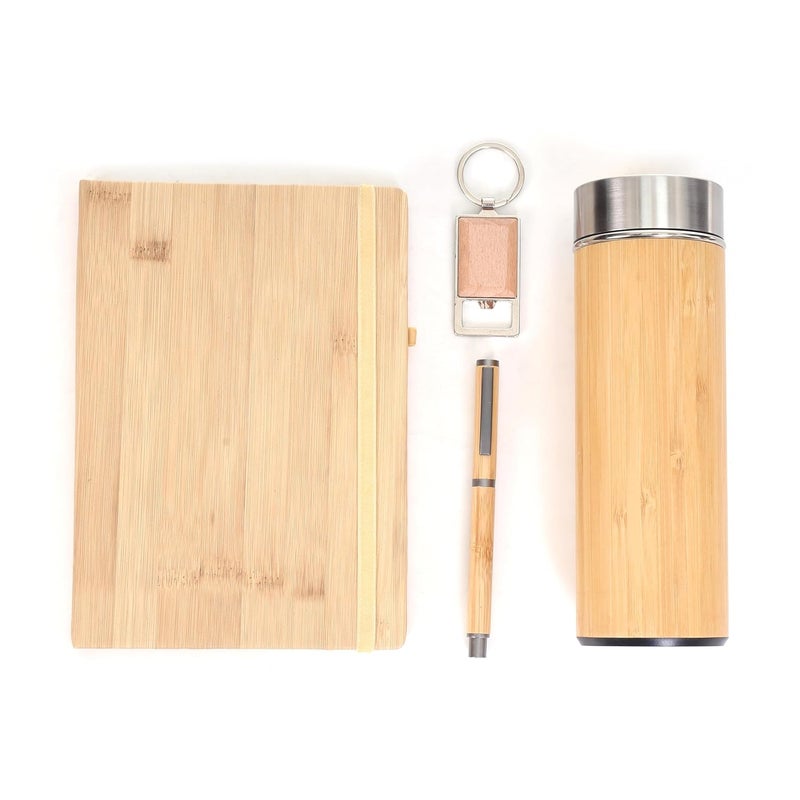 Scribelle طقم هدايا متميز 4 في 1 مع دفتر A5 208 صفحة، قلم خشبي، سلسلة مفاتيح وزجاجة معدنية من الخيزران – متين، صديق للبيئة وأنيق - Image 3