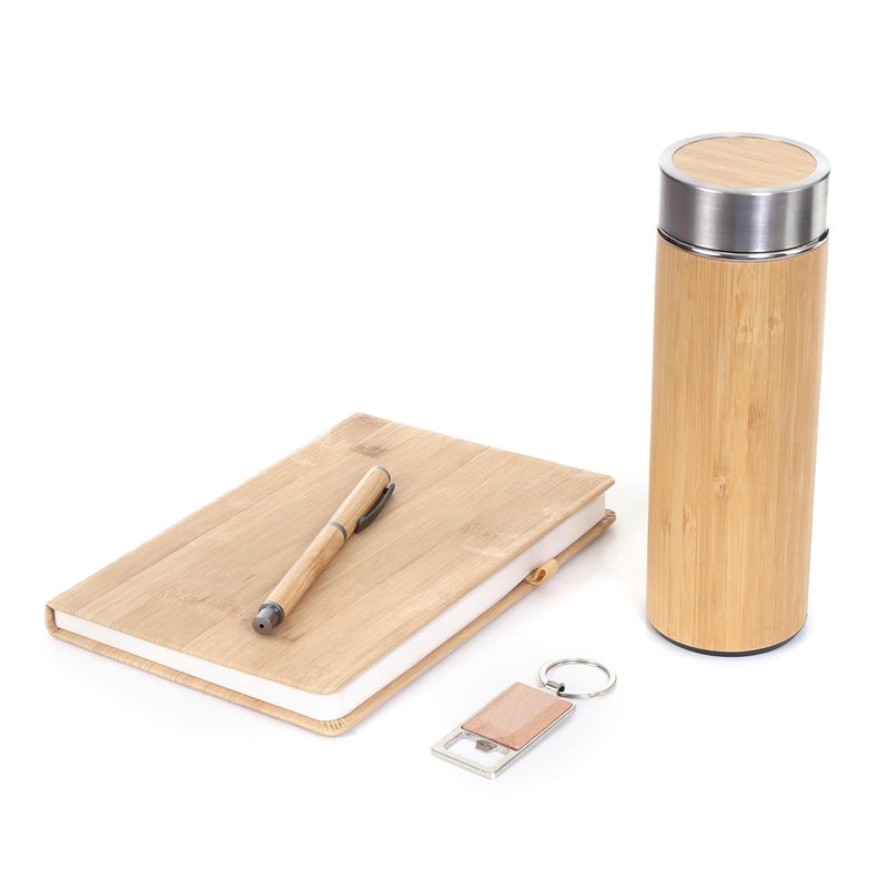 Scribelle طقم هدايا متميز 4 في 1 مع دفتر A5 208 صفحة، قلم خشبي، سلسلة مفاتيح وزجاجة معدنية من الخيزران – متين، صديق للبيئة وأنيق - Image 4