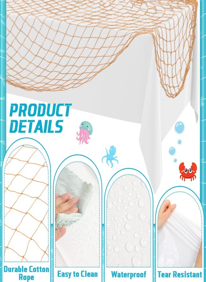 Oudain 12 Pcs Fish Net Tablecloth Decorations Set Cotton Fishnet Decorations Rectangle Plastic Table Cover Fishing Table Cloth for Ocean Nautical Pirate Birthday Party (White) - Image 3