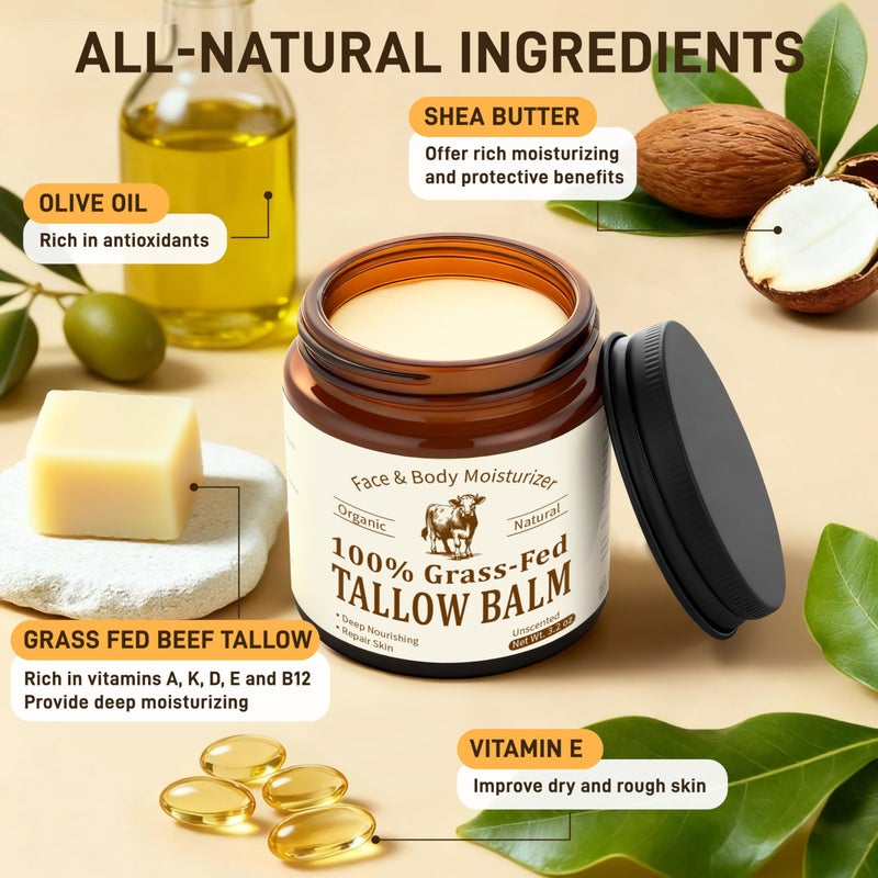 Veakoo Beef Tallow for Skin & Face, Organic Grass Fed Beef Tallow Balm, Unscented Natural Tallow Face Moisturizer, Body Butter, Moisturizing Cream for Women Men, Nourish Soothe Dry Skin - Image 2