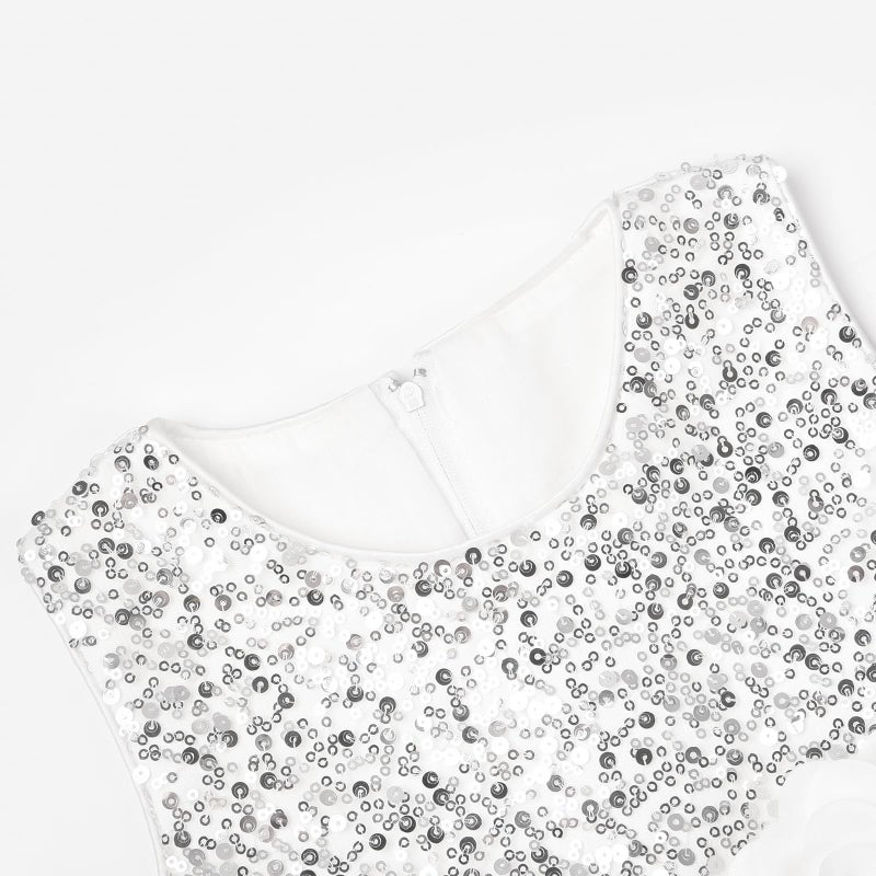 Uhnice Little Girl's Sequin Sleeveless Mesh Rainbow Dress for Wedding Party (White, 5-6/130) - Image 4