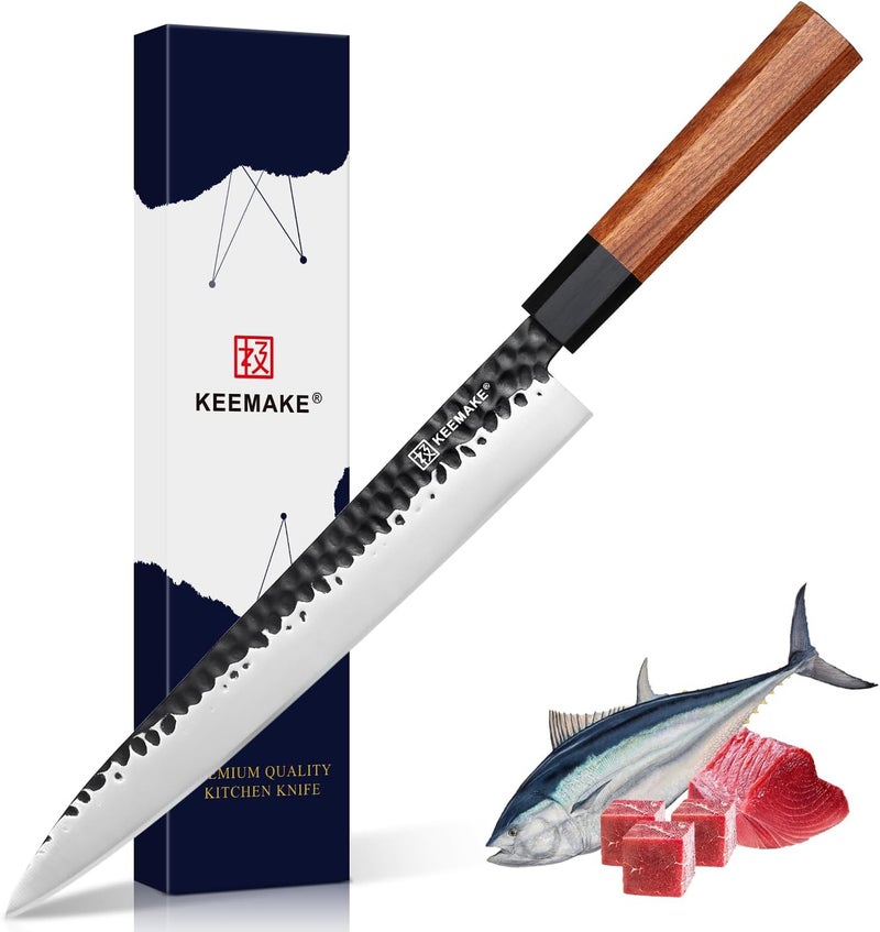 KEEMAKE KEEMMAKE Sushi Knife - 10 inch Yanagiba with 440C Stainless Steel Blade, Japanese Sashimi Knife with G10 Bolster and Octagonal Rosewood Handle, Gift Box Included - Image 1