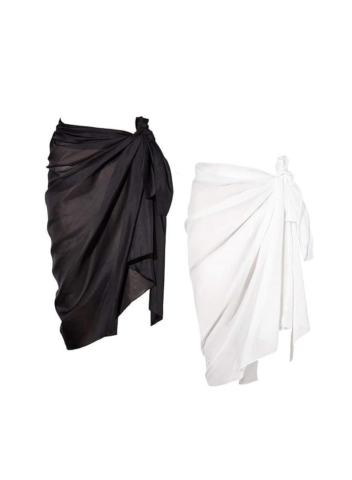 Sylqvxh 2 Pack Women Sarong Swimsuit Coverups Chiffon Long Beach Sarong Wraps Bathing Suit Cover Up, Black and White - Image 1