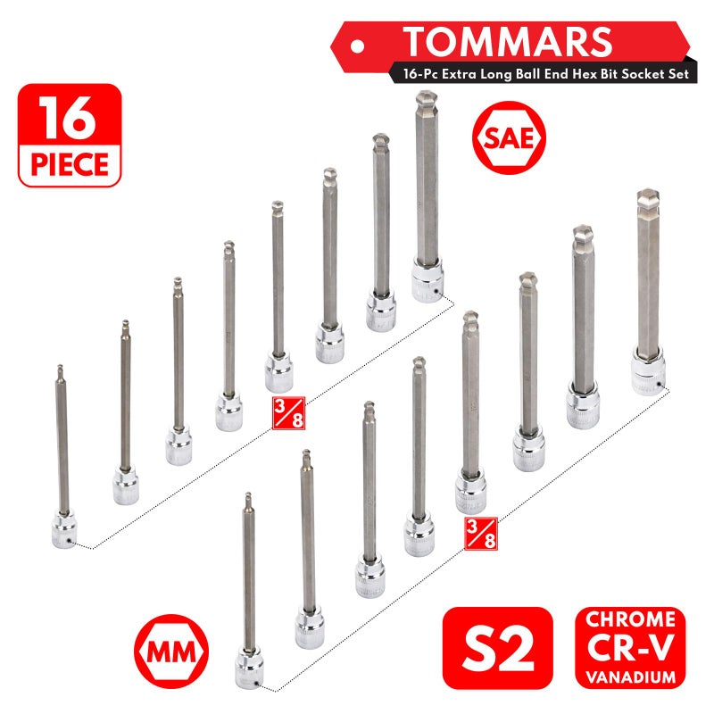 Tommars 16-Pc 3/8 Inch Drive Ball End Long Hex Bit Socket Set  Extra Long Allen Socket Set  Cr-V And S2 Steel  Sae & Metric 1/8-3/8 In.  3-10 Mm. - Image 2