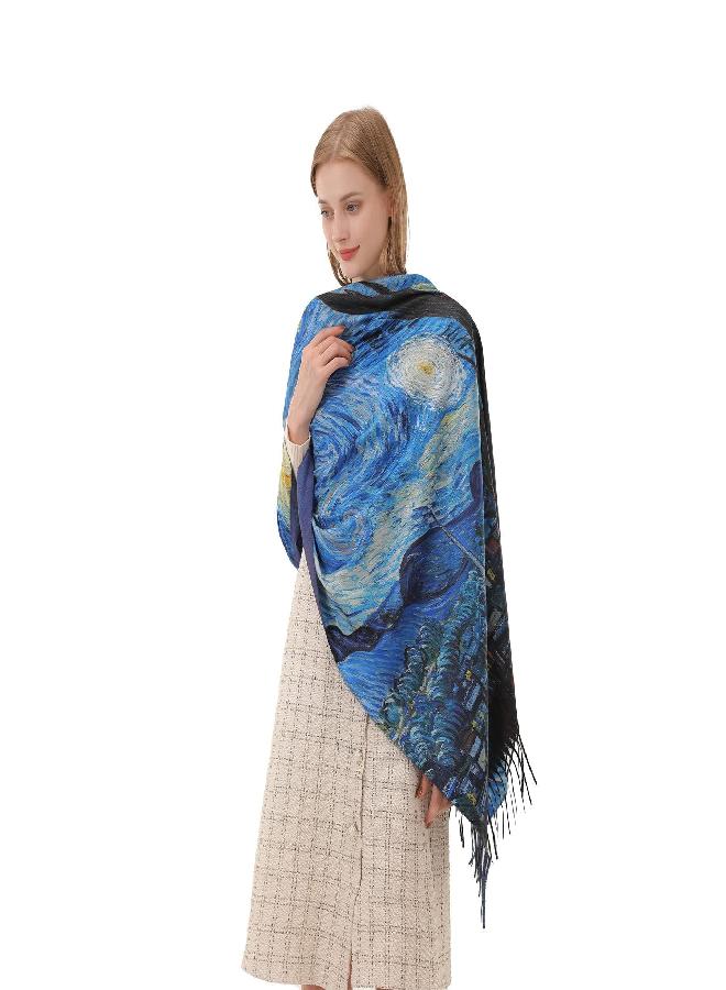 Cutewing Van Gogh Scarf Pashmina Shawl Wraps for Women Blue Cashmere Scarfs Fashion Boho Tassel Scarves Large Blanket Scarf Warm for Fall Winter - Image 3