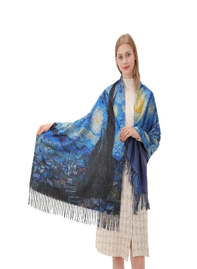 Cutewing Van Gogh Scarf Pashmina Shawl Wraps for Women Blue Cashmere Scarfs Fashion Boho Tassel Scarves Large Blanket Scarf Warm for Fall Winter - Image 2