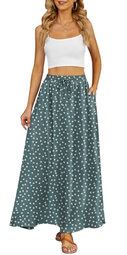 Yincro Women's Flowy Maxi Skirt Summer Pleated High Waisted Casual Long Skirts with Pockets (Tulips Gray Green, L) - Image 3