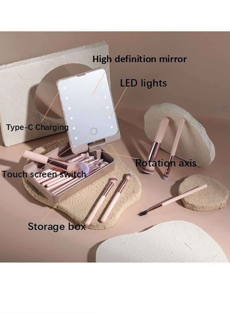 Travel Makeup Brush Set Foundation Powder Concealers Eye Shadows Makeup Set with LED light Mirror 14 Pcs Pink - Image 1