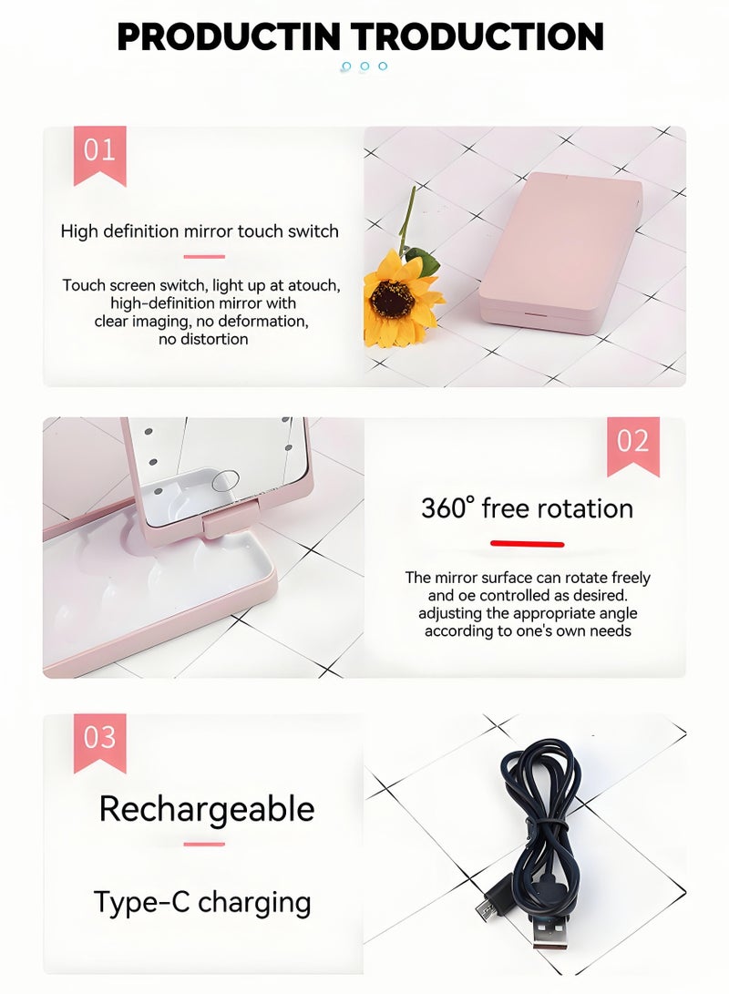 Travel Makeup Brush Set Foundation Powder Concealers Eye Shadows Makeup Set with LED light Mirror 14 Pcs Pink - Image 2