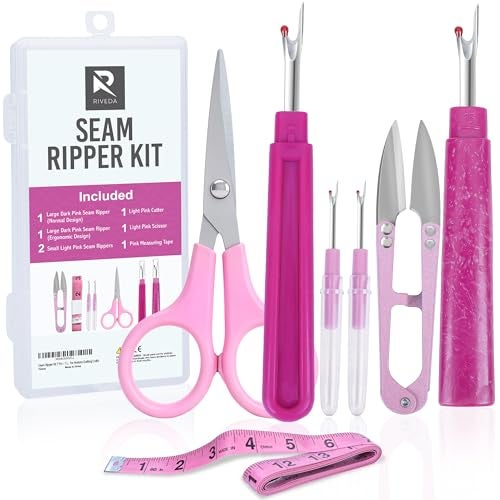 Riveda Seam Ripper Kit 7 Pcs - 1 Large, 1 Ergonomic, 2 Small Seam Rippers, Thread Cutter, Scissor, Measuring Tape - Sewing Accessories for Notions Quilting Crafts - Image 1