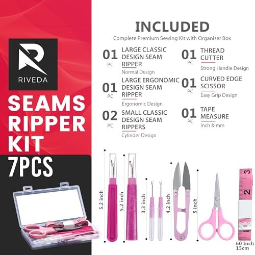 Riveda Seam Ripper Kit 7 Pcs - 1 Large, 1 Ergonomic, 2 Small Seam Rippers, Thread Cutter, Scissor, Measuring Tape - Sewing Accessories for Notions Quilting Crafts - Image 2