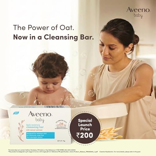 Aveeno Baby Daily Moisture Cleansing Bar 75g (Pack of 2) | With natural Oatmeal, Glycerin and Shea Butter | Co-created with Pediatricians and Dermatologists for newborn sensitive skin | pH balanced, free of soap, parabens sulfates and phthalates - Image 3