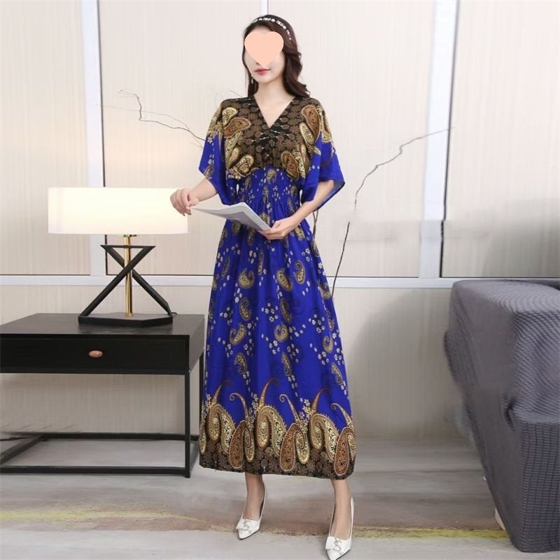Cotton Silk Dress Mid-Length Beach Dress Cotton Silk Summer Fashion Large Size Floral Seaside Vacation Bohemian Long Dress Cashew sapphire blue