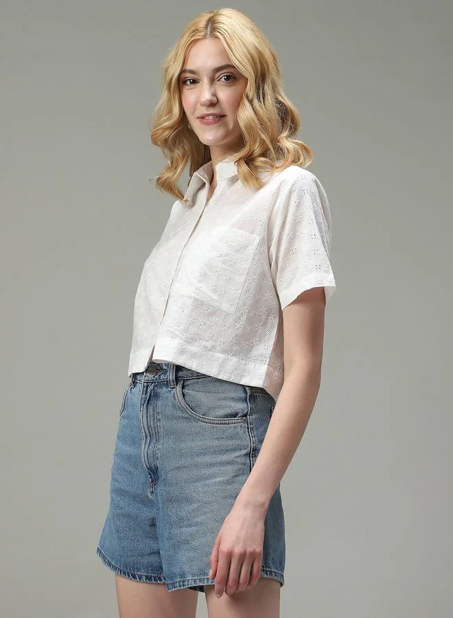 OUTZIDR  White Schiffli Crop Shirt for Women | Best Price UAE