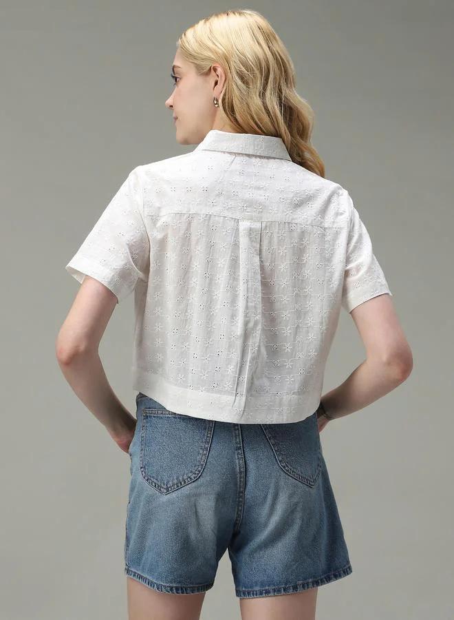 OUTZIDR  White Schiffli Crop Shirt for Women | Best Price UAE