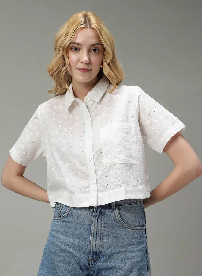 OUTZIDR  White Schiffli Crop Shirt for Women | Best Price UAE