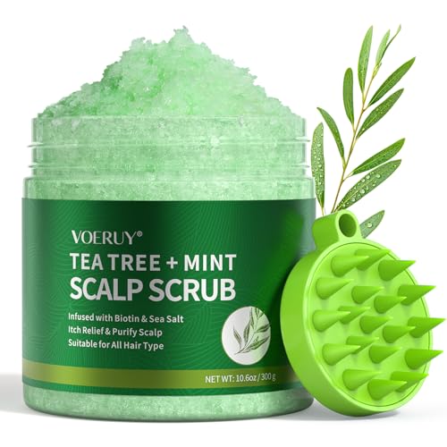 VOERUY Scalp Scrub, Tea Tree Scalp Exfoliator Scrub Shampoo, 2-in-1 Scalp Treatment with Mint Oil, Hair Treatment to Clarify and Remove Build up with Silicone Scalp Massager, 10.6oz/300g - Image 1