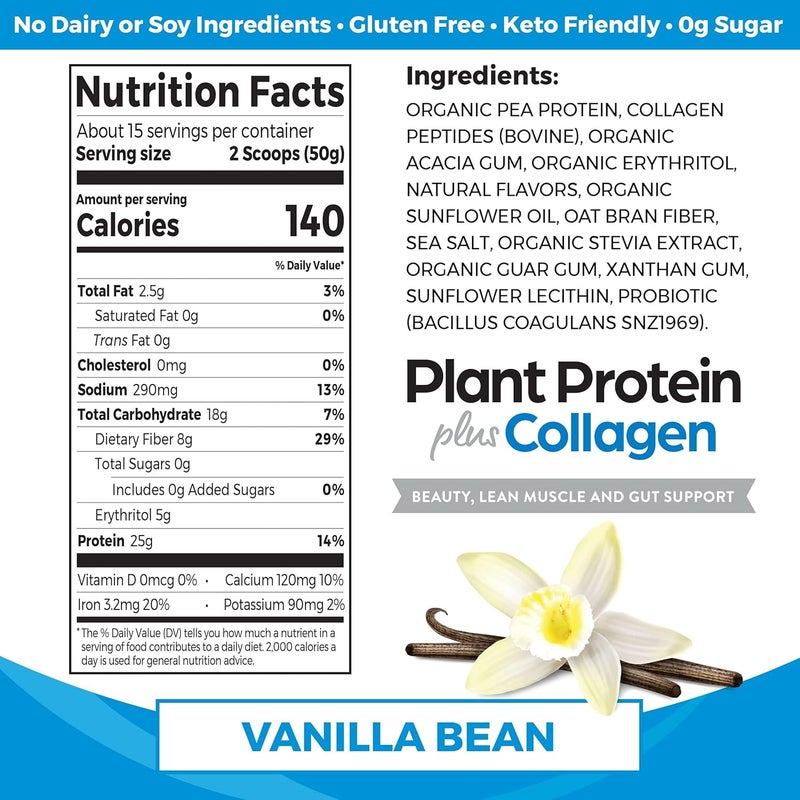 Orgain Protein Powder  Collagen Vanilla Bean  25g of Protein 10g Collagen Peptides Type I  III 1B CFU Probiotics Supports Hair Skin Nail Joint  Gut Health Gluten Free  16lb - Image 2