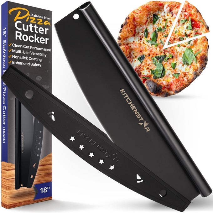 18INCH PIZZA CUTTER ROCKER BLADE SHARP STAINLESS STEEL SLICER KNIFE PROTECTIVE COVER BLACK NONSTICK EXTRA LARGE COMMERCIAL PIZZA OVEN ACCESSORIES