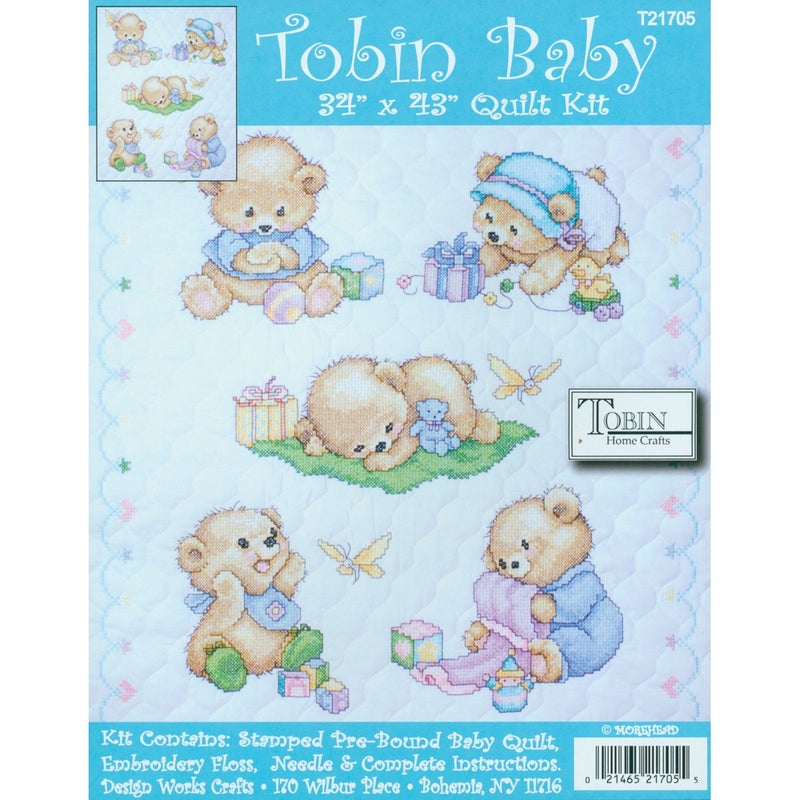 Tobin Bears Stamped for Cross Stitch Baby Quilt Kit, White/Multicolor , 43" x 34" - Image 1