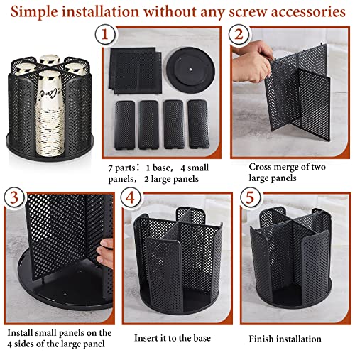 Hoolerry منظم أكواب وأغطية هوليري 2 قطعة، حامل أكواب قهوة دوار 360° للأكواب البلاستيكية والورقية القابلة للاستخدام من 5 إلى 16 أونصة، موزع بأربعة أقسام لمحطة قهوة المكتب (أسود) - Image 3