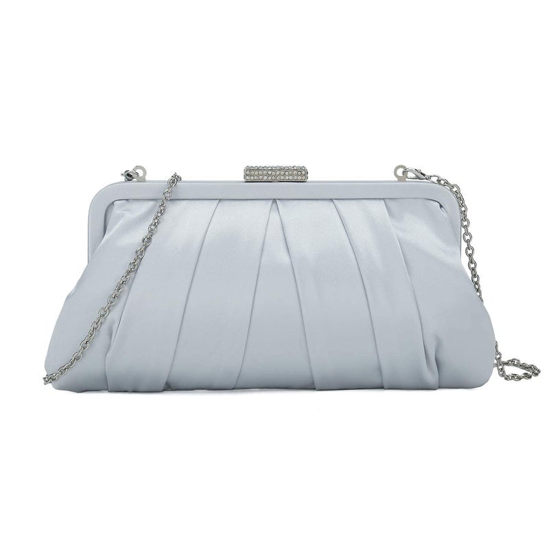 CHARMING TAILOR Classic Pleated Satin Clutch Bag Diamante Embellished Formal Handbag for Wedding/Prom/Black-Tie Events (Silver) - Image 2