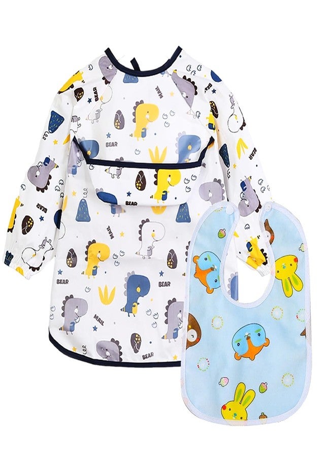 BendJoy® Dinosaur Pattern Long Sleeve Baby Bib & Random Pattern Small Bibs - Waterproof, Easy Clean Dinosaur Design | Adjustable Fit | Soft Cotton | for 0-2 Years | Leak-Proof | Unisex - Image 1