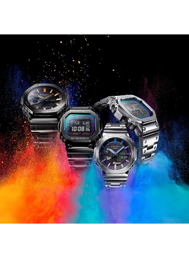 Casio G‑SHOCK GM‑B2100BPC‑1A Full‑Metal “Polychromatic Accents” 40th Anniversary – Black IP with Rainbow Gradient Markers, Bluetooth Solar, 200 m