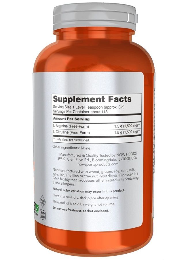 now Sports Nutrition, Arginine & Citrulline Powder, 1:1 Ratio, Amino Acid, 12-Ounce - Image 2
