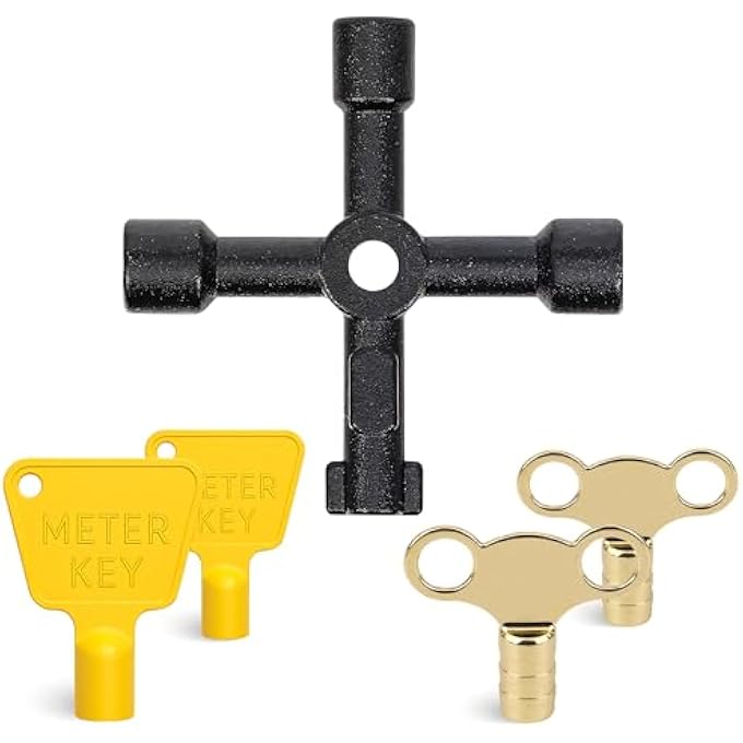 5PC MULTI UTILITY KEY SET  2 YELLOW GAS METER BOX KEYS, 2 RADIATOR BLEED KEYS AND 4-WAY UTILITY KEY  UNIVERSAL KEY FOR VALVES, CABINETS, RADIATORS & UTILITY GAS METERS - Image 1