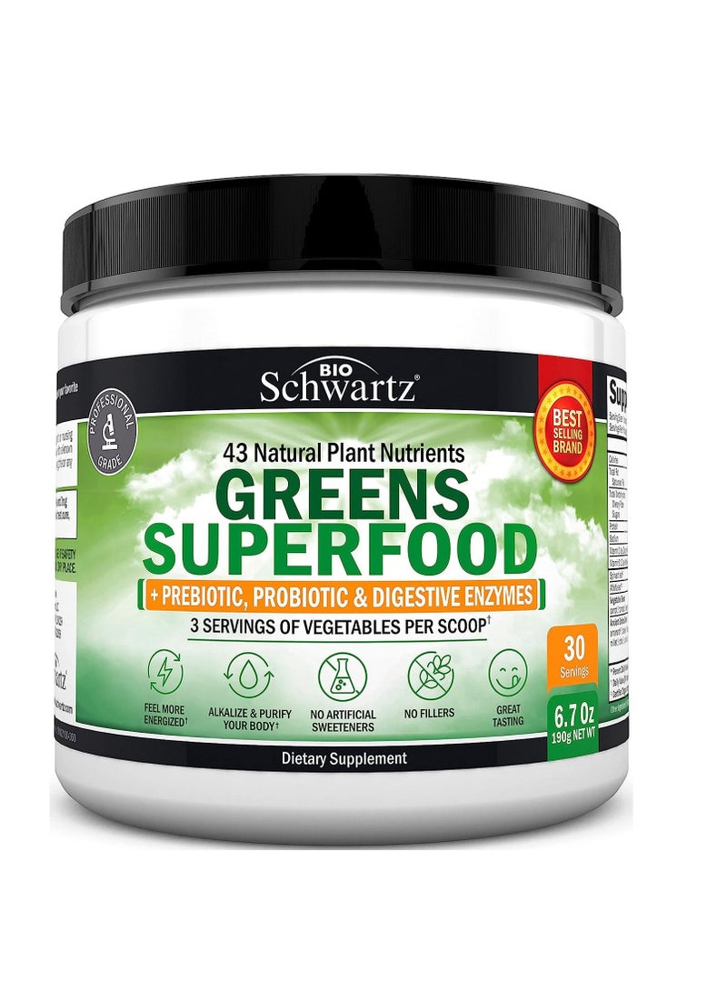 بيو شوارتز مسحوق الخضراوات العضوية الفائقة مع البريبايوتكس والبروبيوتكس + إنزيمات هضمية للطاقة وصحة الأمعاء - أكثر من 45 نوعًا من الأطعمة الخضراء الفائقة - عشبة القمح، والكلوريلا، والسبيرولينا، وغيرها - مكمل غذائي نباتي - Image 1