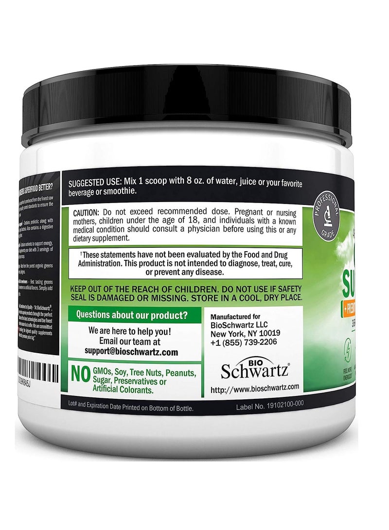 بيو شوارتز مسحوق الخضراوات العضوية الفائقة مع البريبايوتكس والبروبيوتكس + إنزيمات هضمية للطاقة وصحة الأمعاء - أكثر من 45 نوعًا من الأطعمة الخضراء الفائقة - عشبة القمح، والكلوريلا، والسبيرولينا، وغيرها - مكمل غذائي نباتي - Image 2