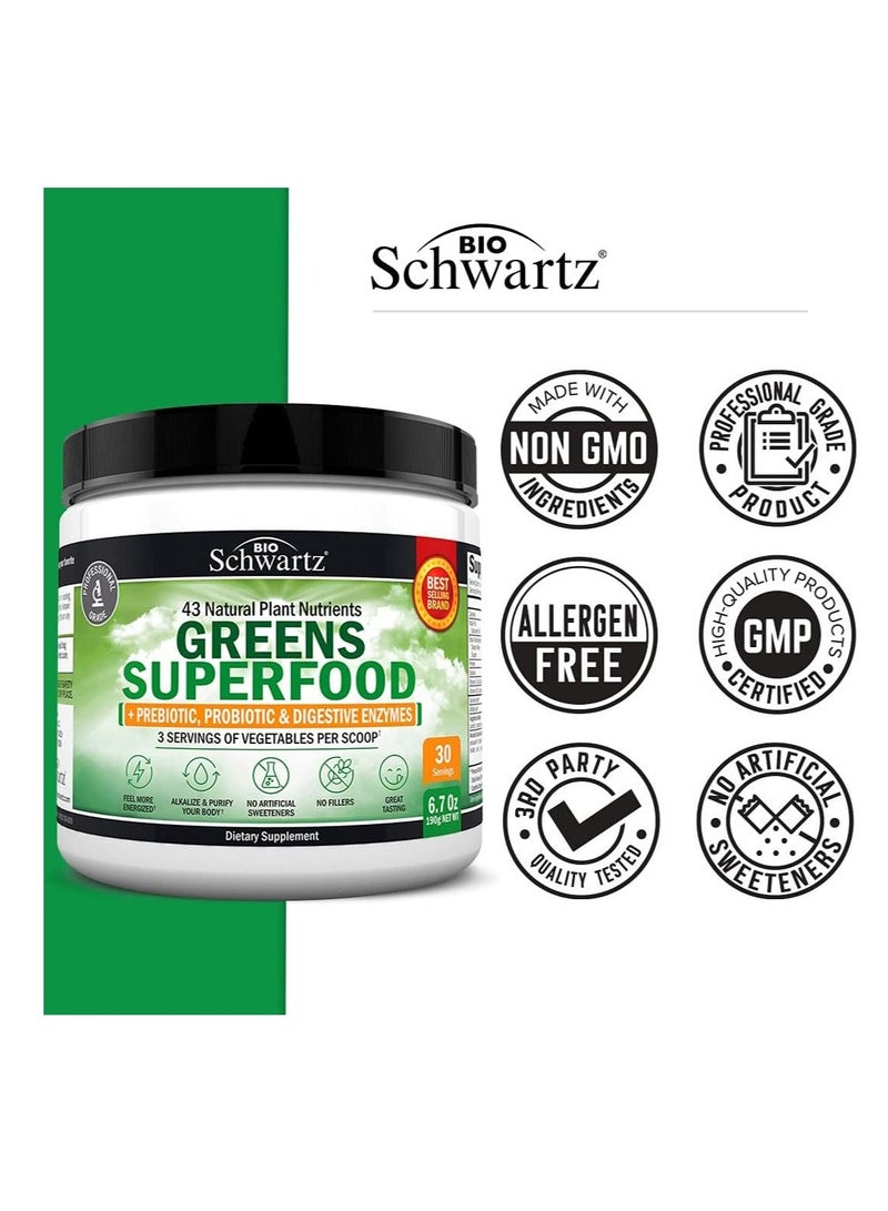 بيو شوارتز مسحوق الخضراوات العضوية الفائقة مع البريبايوتكس والبروبيوتكس + إنزيمات هضمية للطاقة وصحة الأمعاء - أكثر من 45 نوعًا من الأطعمة الخضراء الفائقة - عشبة القمح، والكلوريلا، والسبيرولينا، وغيرها - مكمل غذائي نباتي - Image 3