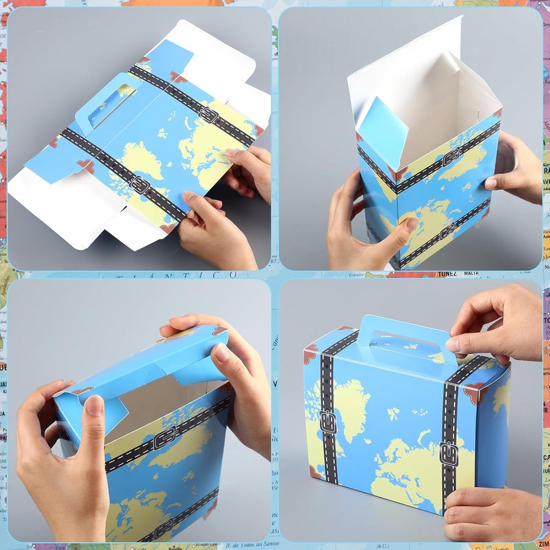 Weekgrat 6 Pcs Large Vintage Travel Suitcase Box Travel Party Decorations Paperboard Suitcases Gift Box Decorative Set of 3 Small Stackable Storage Chests Decor for Themed Party Favors (Map,Blue) - Image 3