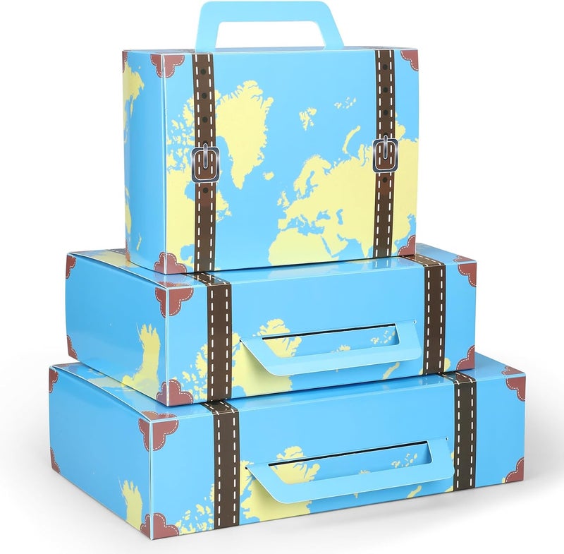 Weekgrat 6 Pcs Large Vintage Travel Suitcase Box Travel Party Decorations Paperboard Suitcases Gift Box Decorative Set of 3 Small Stackable Storage Chests Decor for Themed Party Favors (Map,Blue) - Image 1