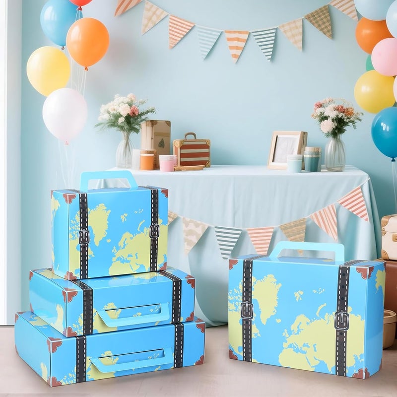 Weekgrat 6 Pcs Large Vintage Travel Suitcase Box Travel Party Decorations Paperboard Suitcases Gift Box Decorative Set of 3 Small Stackable Storage Chests Decor for Themed Party Favors (Map,Blue) - Image 4