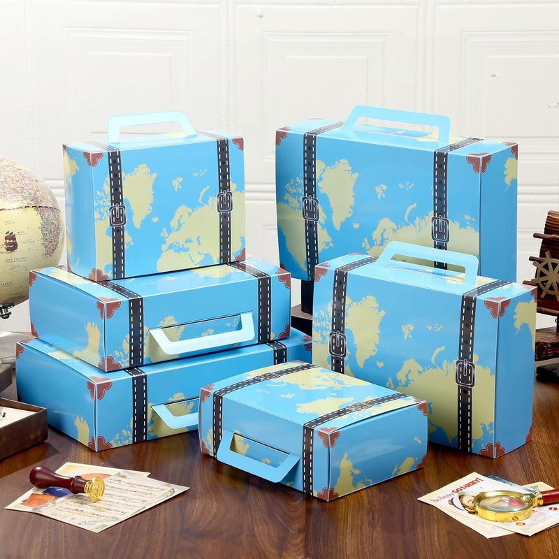 Weekgrat 6 Pcs Large Vintage Travel Suitcase Box Travel Party Decorations Paperboard Suitcases Gift Box Decorative Set of 3 Small Stackable Storage Chests Decor for Themed Party Favors (Map,Blue) - Image 5