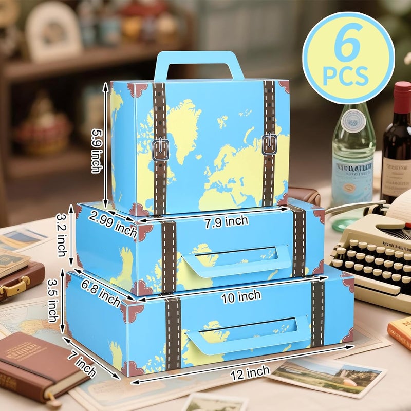 Weekgrat 6 Pcs Large Vintage Travel Suitcase Box Travel Party Decorations Paperboard Suitcases Gift Box Decorative Set of 3 Small Stackable Storage Chests Decor for Themed Party Favors (Map,Blue) - Image 2