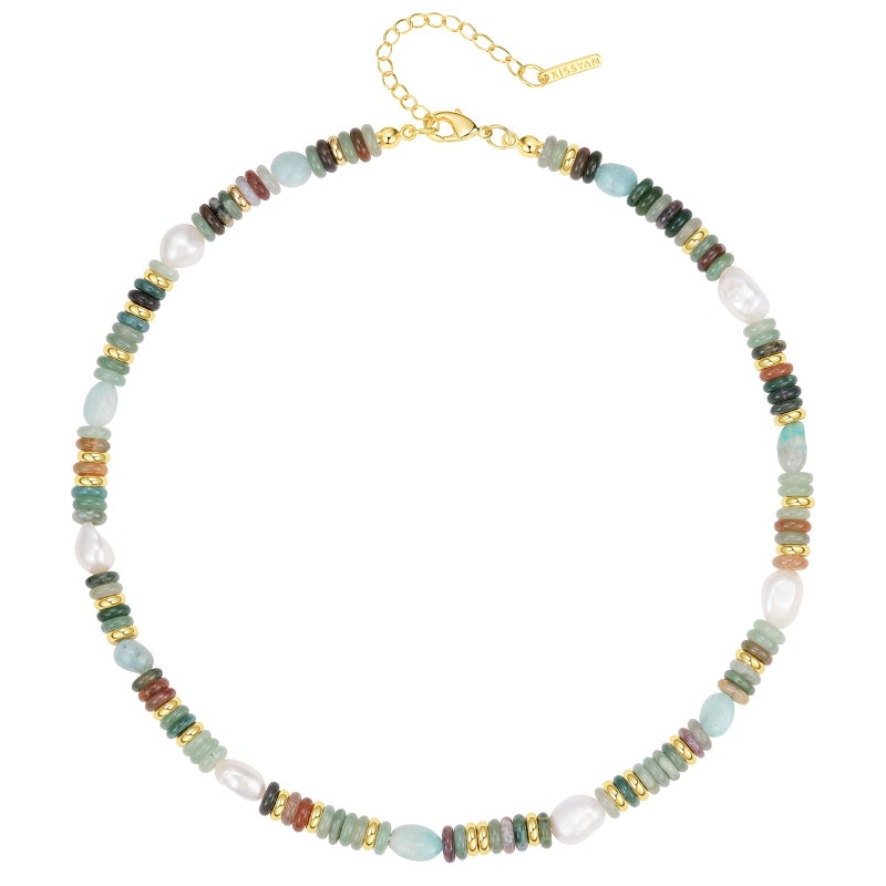 KissYan Beaded Gemstone Necklace for Women, Colorful Boho Bead Choker Natural Stone Surfer Beach Necklaces 14K Gold Plated Summer Handmade Jewelry(B17) - Image 1
