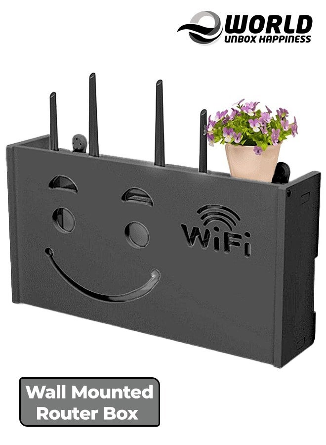 Eworld Stylish Wall-Mounted Router Rack for Wi-Fi Router, Set-Top Box, Light Cat Box, and More, Includes Doors and Patch Panel Shielding Box for Neat Storage, Black - Image 1