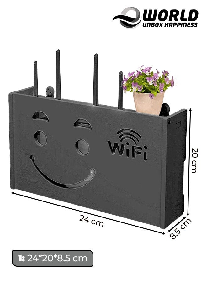 Eworld Stylish Wall-Mounted Router Rack for Wi-Fi Router, Set-Top Box, Light Cat Box, and More, Includes Doors and Patch Panel Shielding Box for Neat Storage, Black - Image 2