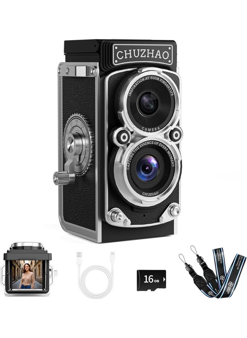 CHUZHAO Vintage Mini Digital Camera, Portable TLR Style Retro Point and Shoot Compact Small Pocket 1080P FHD Video 12MP Autofocus Vlogging Camera with 16 GB Card for Beginners Teens Adults Red - Image 1