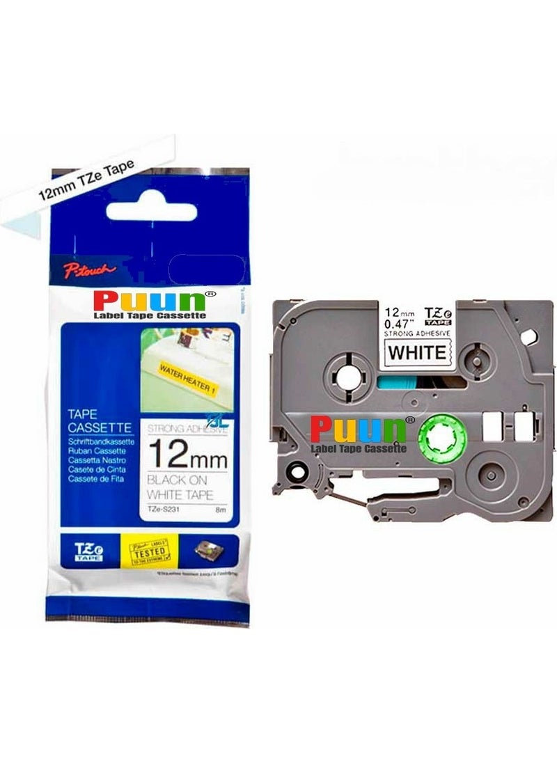 Puun Brother P-Touch TZE-S231 12MM x 8m Strong Adhesive White on Black Equivalent Lamination Label Strip 