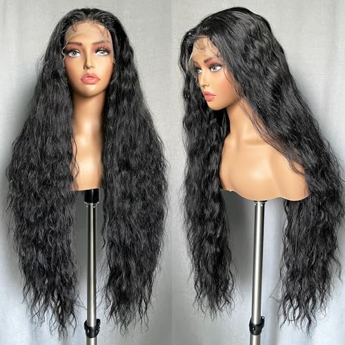 SOKU 13x6 Lace Frontal Water Wave Wigs with Baby Hair Natural Black 34 Inch Long Synthetic Hair Preplucked Free Part Transparent Swiss Lace Front Wavy Wigs for Women - Image 2