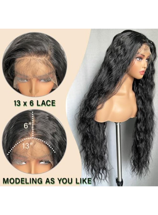 SOKU 13x6 Lace Frontal Water Wave Wigs with Baby Hair Natural Black 34 Inch Long Synthetic Hair Preplucked Free Part Transparent Swiss Lace Front Wavy Wigs for Women - Image 4