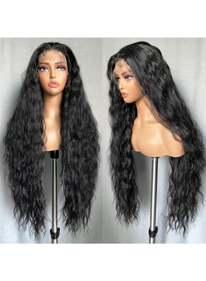 SOKU 13x6 Lace Frontal Water Wave Wigs with Baby Hair Natural Black 34 Inch Long Synthetic Hair Preplucked Free Part Transparent Swiss Lace Front Wavy Wigs for Women - Image 3