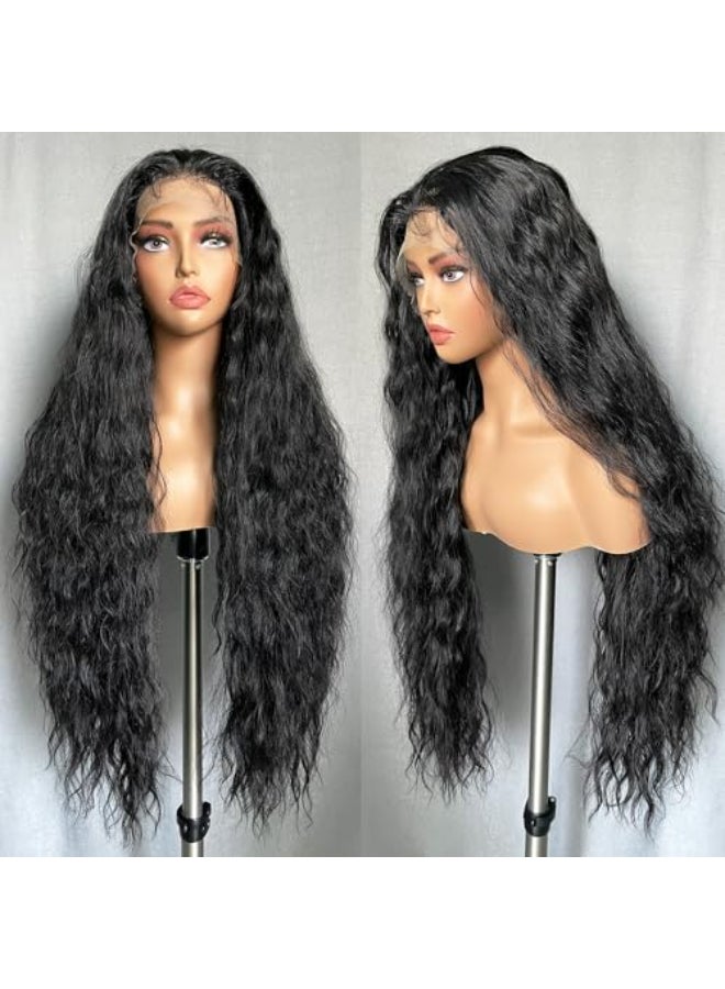 SOKU 13x6 Lace Frontal Water Wave Wigs with Baby Hair Natural Black 34 Inch Long Synthetic Hair Preplucked Free Part Transparent Swiss Lace Front Wavy Wigs for Women - Image 1