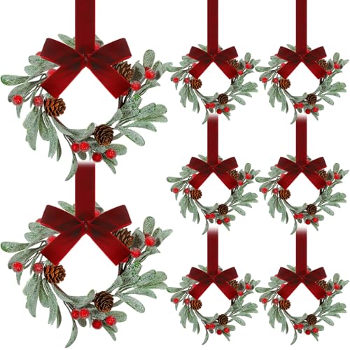 Knitgrip 8 Pcs Christmas Mini Wreaths for Cabinet 8 Inch Flocked Mistletoe Wreath with Bow Artificial Berries Pinecones for Christmas Holiday Kitchen Cabinet Window Chair DecorRed - Image 1